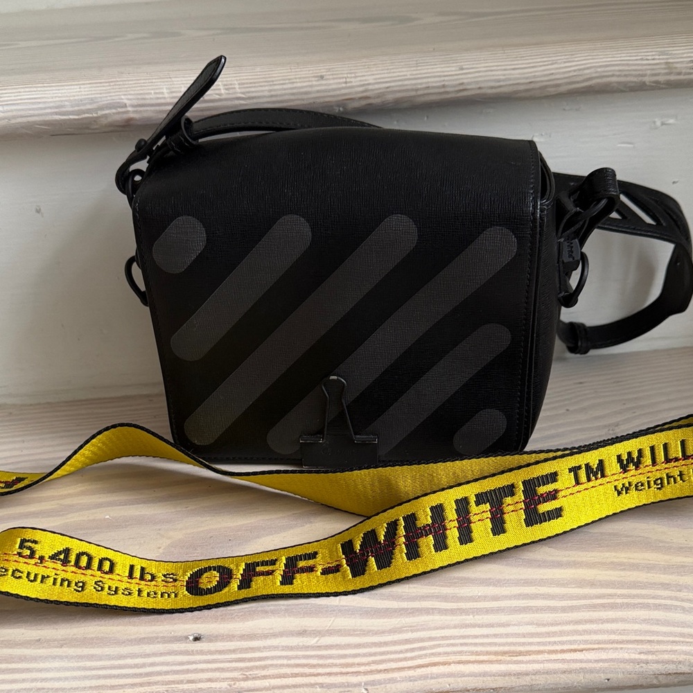 Off-White Black Crossbody Camera Bag with Yellow Industrial Strap
